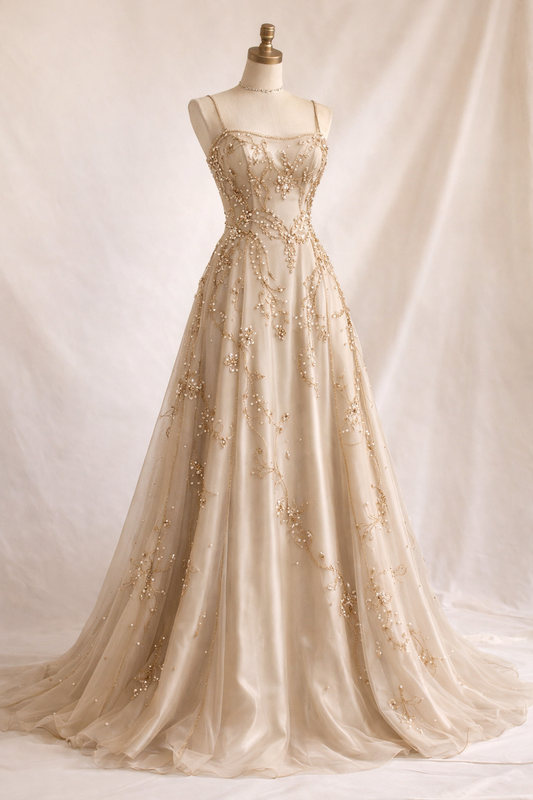 Elegantes champagnerfarbenes Ballkleid aus Chiffon mit Perlenbesatz, A-Linie, trägerlos, ärmellos, Geburtstagskleid DP05208
