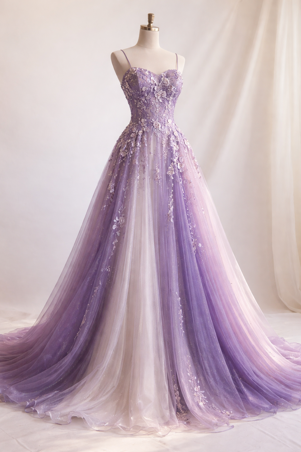 Chic Purple Prom Dress Appliques Tulle A-Line Spaghetti Straps Evening Dress Sleeveless Birthday Dress DP05211