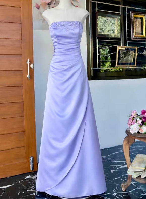 Chic Purple Prom Dress Satin Sheath Strapless Evening Dress Sleeveless Birthday Dress DP05213