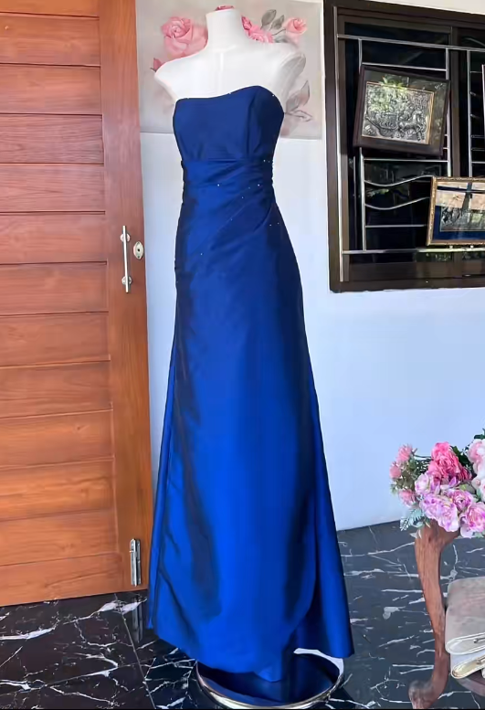 Chic Navy Blue Prom Dress Satin Sheath Strapless Evening Dress Sleeveless Birthday Dress DP05214