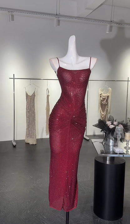 Chic Burgundy Prom Dress Sequins Sheath Spaghetti Straps Evening Dress Sleeveless Birthday Dress DP05215