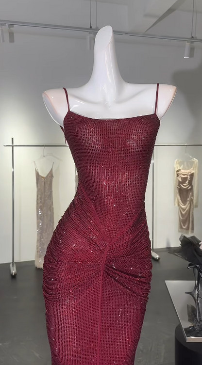 Chic Burgundy Prom Dress Sequins Sheath Spaghetti Straps Evening Dress Sleeveless Birthday Dress DP05215
