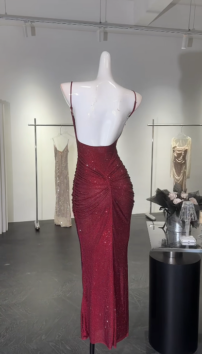 Chic Burgundy Prom Dress Sequins Sheath Spaghetti Straps Evening Dress Sleeveless Birthday Dress DP05215