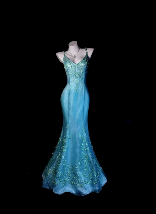 Elegantes blaues Ballkleid aus Satin, Meerjungfrauen-Schnitt, Spaghettiträger, ärmellos, Geburtstagskleid DP05218