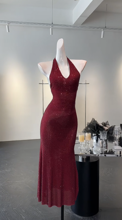 Chic Red Prom Dress Sequins Sheath Halter Evening Dress Sleeveless Birthday Dress DP05219