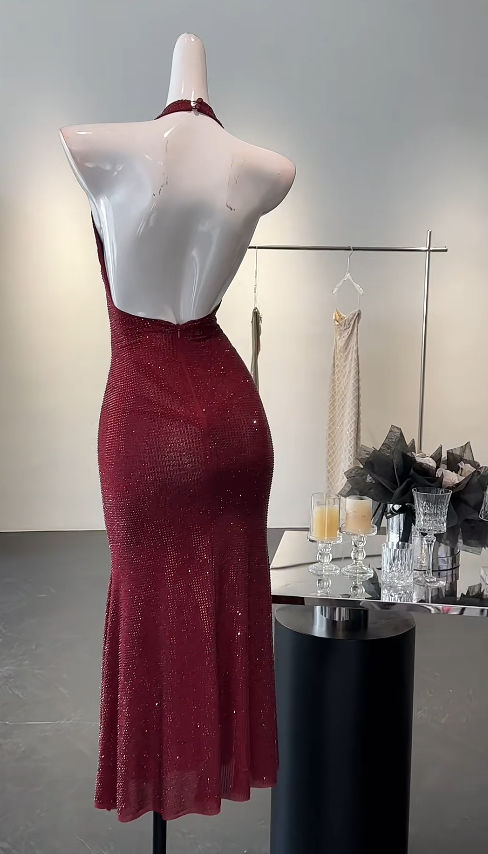 Chic Red Prom Dress Sequins Sheath Halter Evening Dress Sleeveless Birthday Dress DP05219