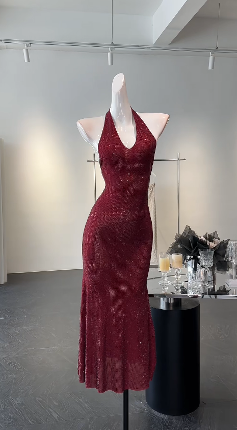 Chic Red Prom Dress Sequins Sheath Halter Evening Dress Sleeveless Birthday Dress DP05219