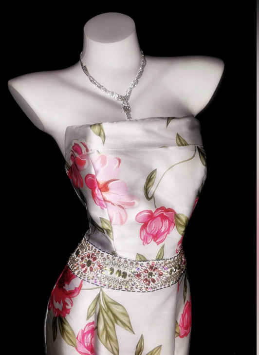 Chic Strapless Prom Dress Satin Printed Mermaid Evening Dress Sleeveless Birthday Dress DP05226