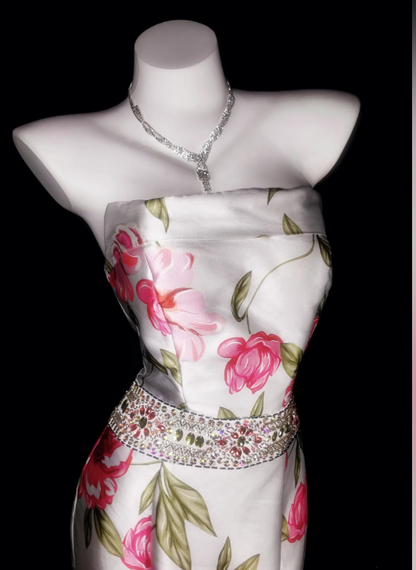 Chic Strapless Prom Dress Satin Printed Mermaid Evening Dress Sleeveless Birthday Dress DP05226