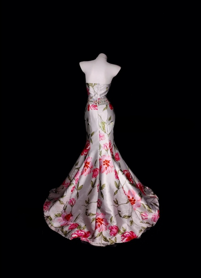 Chic Strapless Prom Dress Satin Printed Mermaid Evening Dress Sleeveless Birthday Dress DP05226