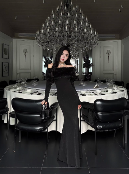 Robe de bal noire chic en satin, coupe sirène, épaules dénudées, manches courtes, robe d'anniversaire DP05228