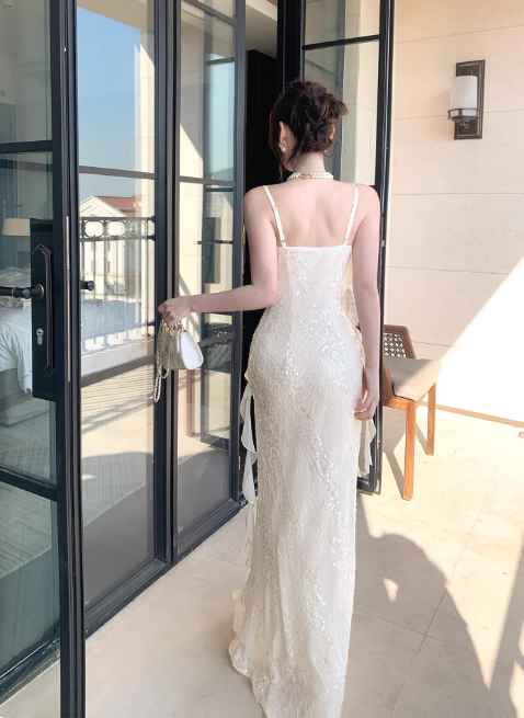 Chic Apricot Prom Dress Lace Sequins Sheath Spaghetti Straps Evening Dress Sleeveless Birthday Dress DP05229