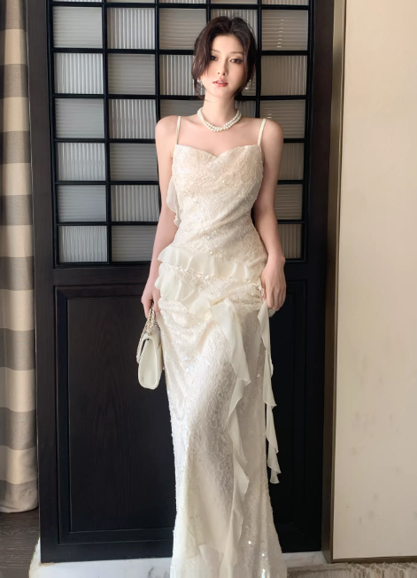Chic Apricot Prom Dress Lace Sequins Sheath Spaghetti Straps Evening Dress Sleeveless Birthday Dress DP05229