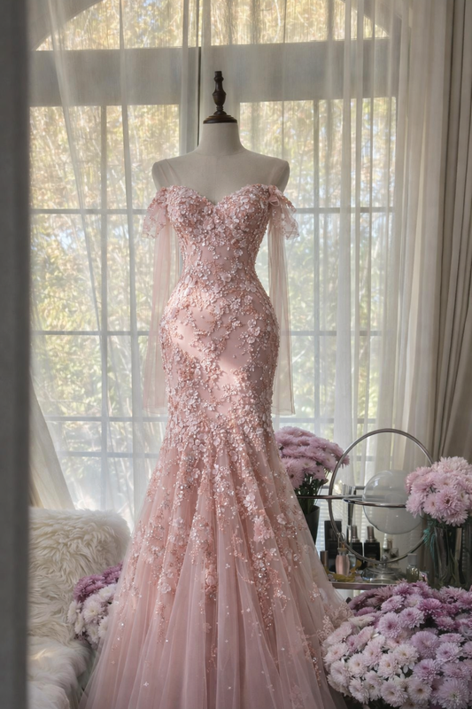 Elegantes rosa Tüll-Abendkleid mit Perlenbesatz, schulterfrei, Meerjungfrauen-Schnitt, ärmellos, Geburtstagskleid DP05233