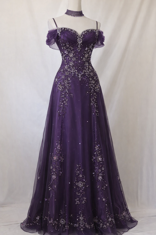Classy Purple Prom Dress Chiffon Beaded Off-shoulder A-Line Evening Dress Sleeveless Birthday Dress DP05234