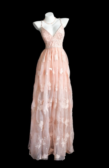 Classy Pink Prom Dress Tulle Embroidery Spaghetti Straps A-Line Evening Dress Sleeveless Birthday Dress ED05235