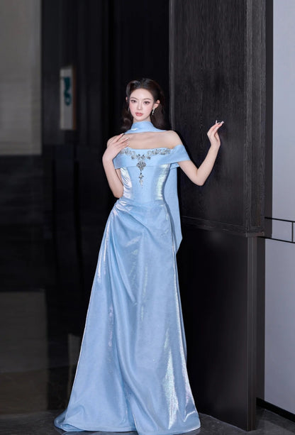 Classy Blue Prom Dress Satin Off-shoulder Sheath Evening Dress Sleeveless Birthday Dress ED05236