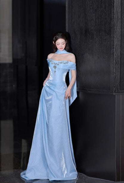 Classy Blue Prom Dress Satin Off-shoulder Sheath Evening Dress Sleeveless Birthday Dress ED05236