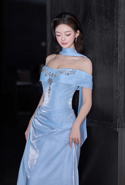 Classy Blue Prom Dress Satin Off-shoulder Sheath Evening Dress Sleeveless Birthday Dress ED05236