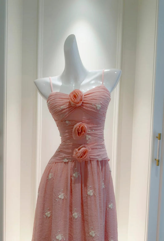 Elegantes rosa Ballkleid mit Perlenbesatz, Spaghettiträgern, Etuikleid, ärmellos, Geburtstagskleid DP05237