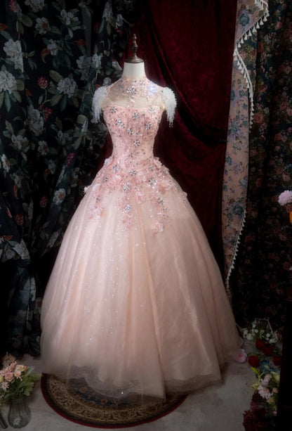 Classy Pink Prom Dress Tulle Sequins High Neck A-Line Evening Dress Sleeveless Birthday Dress ED05240