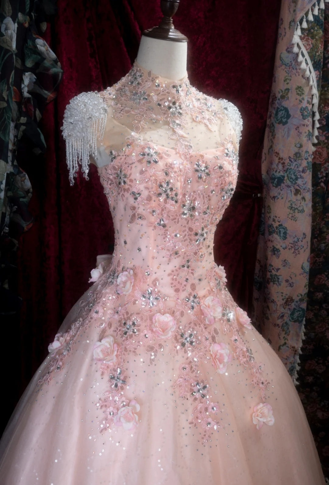 Classy Pink Prom Dress Tulle Sequins High Neck A-Line Evening Dress Sleeveless Birthday Dress ED05240