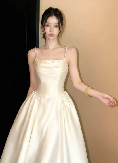Chic White Prom Dress Satin Spaghetti Straps A-Line Evening Dress Sleeveless Birthday Dress ED05241