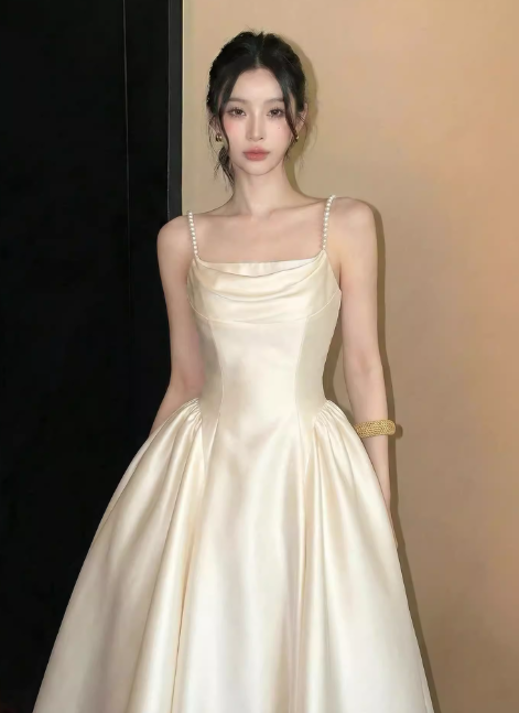 Chic White Prom Dress Satin Spaghetti Straps A-Line Evening Dress Sleeveless Birthday Dress ED05241