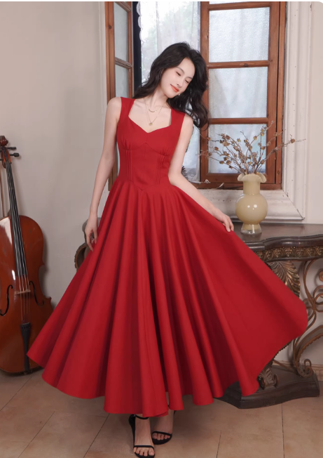 Elegantes burgunderrotes Ballkleid mit Satin-Trägern, A-Linien-Abendkleid, ärmellos, Geburtstagskleid DP05242