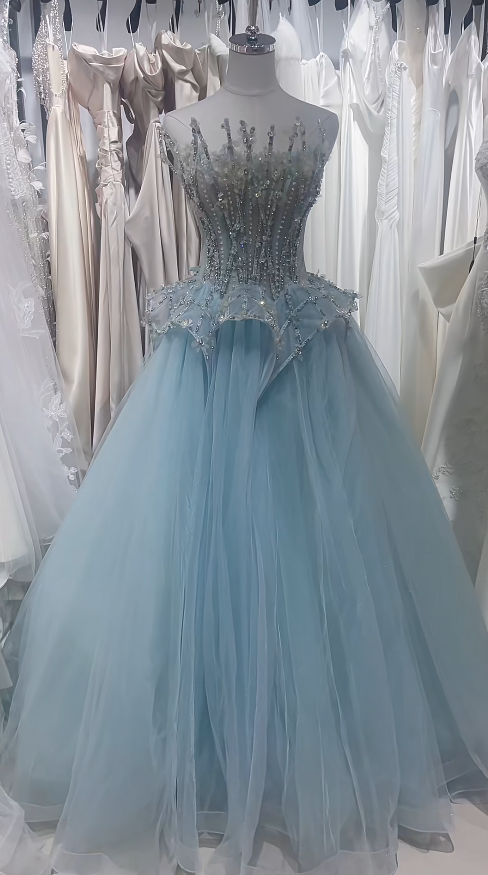 Chic Blue Prom Dress Tulle Strapless A-Line Evening Dress Sleeveless Birthday Dress DP05244