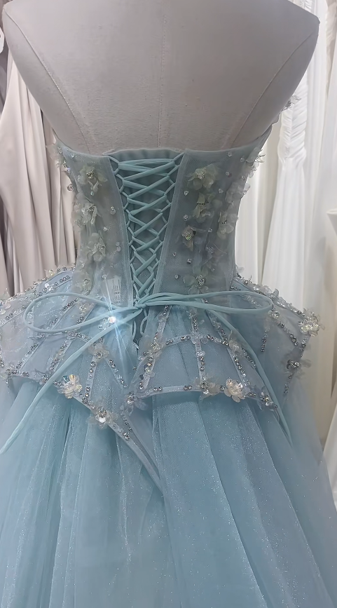 Chic Blue Prom Dress Tulle Strapless A-Line Evening Dress Sleeveless Birthday Dress DP05244