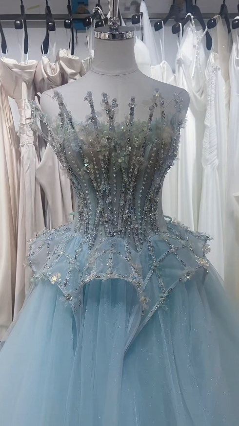 Chic Blue Prom Dress Tulle Strapless A-Line Evening Dress Sleeveless Birthday Dress DP05244