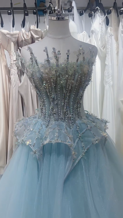 Chic Blue Prom Dress Tulle Strapless A-Line Evening Dress Sleeveless Birthday Dress DP05244