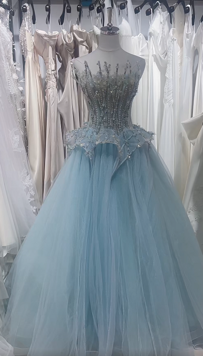 Chic Blue Prom Dress Tulle Strapless A-Line Evening Dress Sleeveless Birthday Dress DP05244