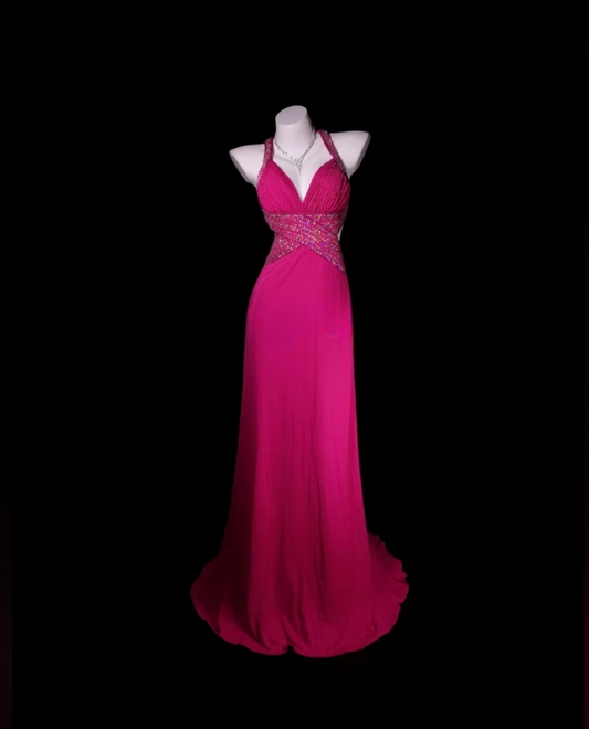 Elegantes, pinkfarbenes Ballkleid aus Chiffon mit Perlenbesatz, V-Ausschnitt, ärmelloses Etuikleid, auch als Geburtstagskleid geeignet (DP05246)