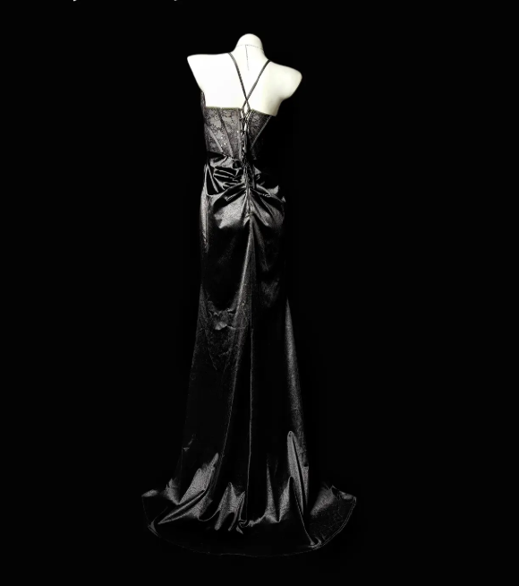 Chic Black Prom Dress Satin Spaghetti Straps Sheath Evening Dress Sleeveless Birthday Dress DP05248