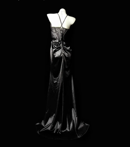 Chic Black Prom Dress Satin Spaghetti Straps Sheath Evening Dress Sleeveless Birthday Dress DP05248