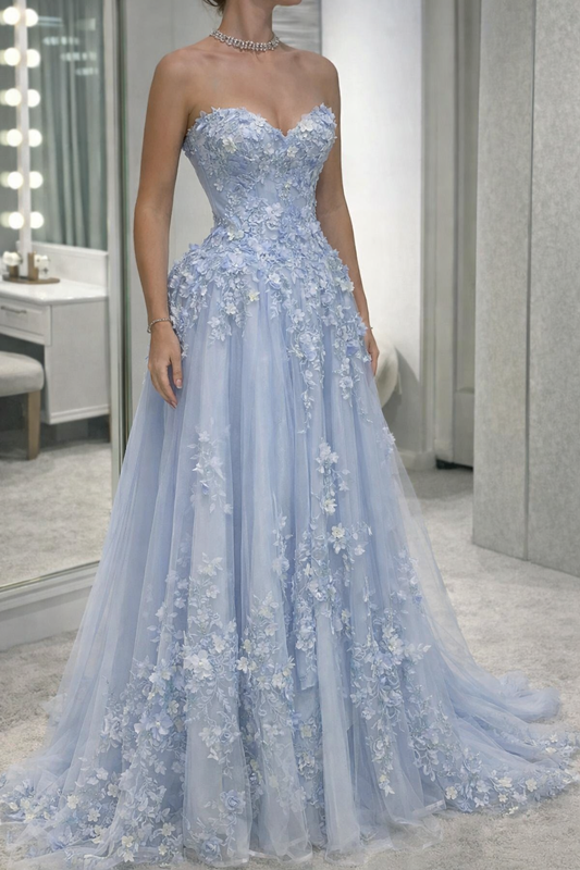 Elegantes blaues Ballkleid mit herzförmigem Ausschnitt, Applikationen, Tüll, A-Linie, Geburtstagskleid DP05256