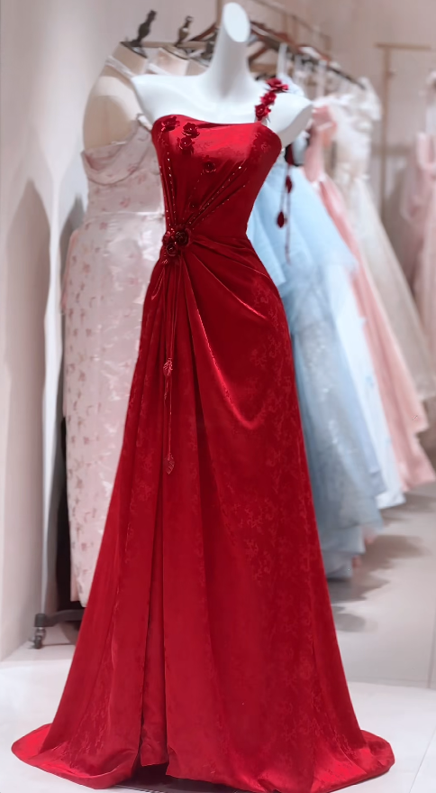 Elegant Burgundy Prom Dress Satin One-shoulder Sheath Evening Sleeveless Birthday Dress DP05257