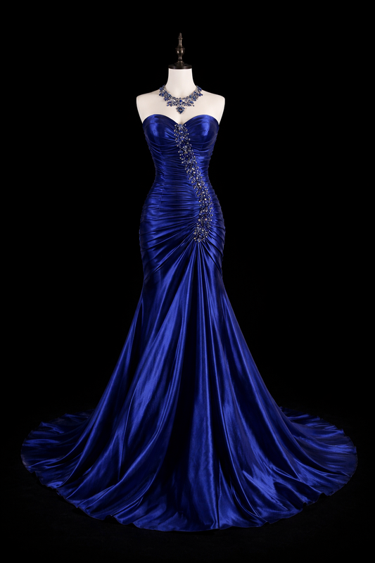 Elegantes marineblaues Ballkleid aus Satin mit herzförmigem Ausschnitt, Meerjungfrauen-Stil, ärmellos, Geburtstagskleid DP05260