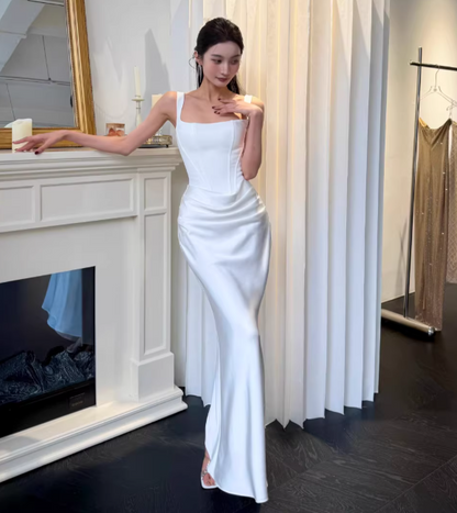 Chic White Prom Dress Satin Straps Sheath Evening Dress DP05263