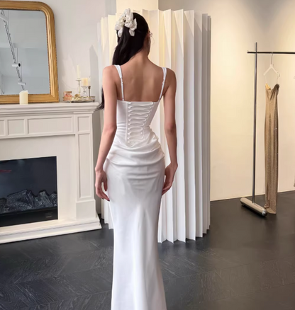 Chic White Prom Dress Satin Straps Sheath Evening Dress DP05263