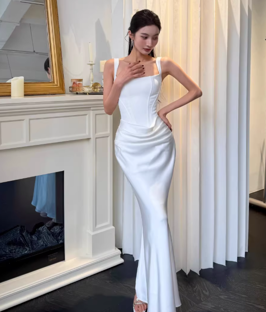 Chic White Prom Dress Satin Straps Sheath Evening Dress DP05263