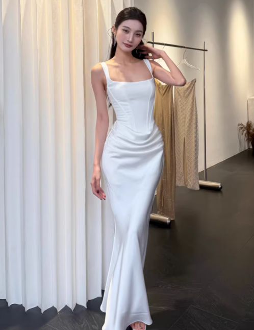 Chic White Prom Dress Satin Straps Sheath Evening Dress DP05263
