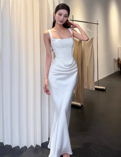 Chic White Prom Dress Satin Straps Sheath Evening Dress DP05263