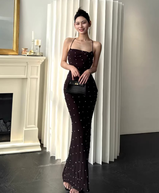 Chic Brown Prom Dress Chiffon Spaghetti Straps Sheath Long Evening Dress DP05264