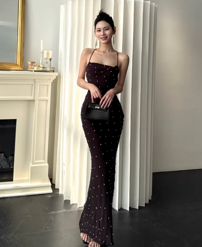 Chic Brown Prom Dress Chiffon Spaghetti Straps Sheath Long Evening Dress DP05264