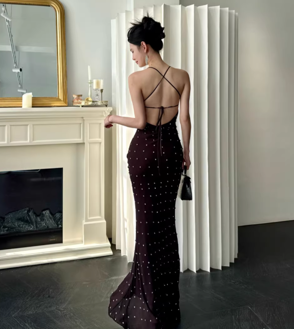 Chic Brown Prom Dress Chiffon Spaghetti Straps Sheath Long Evening Dress DP05264