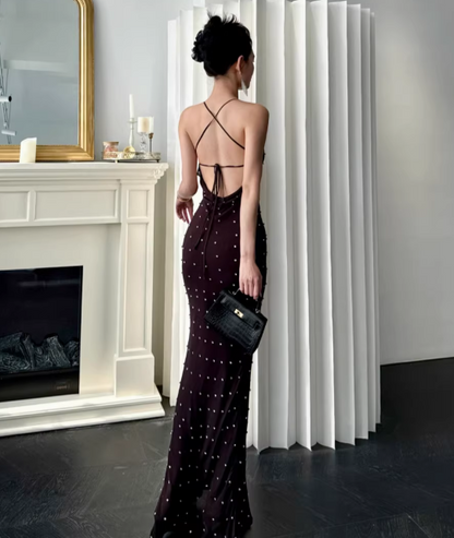 Chic Brown Prom Dress Chiffon Spaghetti Straps Sheath Long Evening Dress DP05264