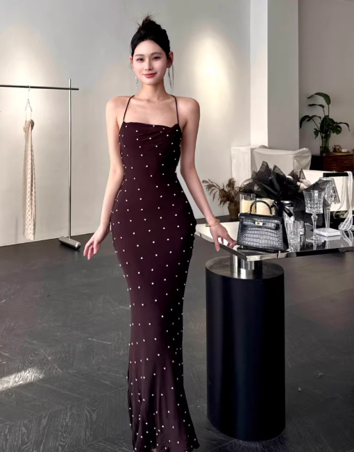 Chic Brown Prom Dress Chiffon Spaghetti Straps Sheath Long Evening Dress DP05264